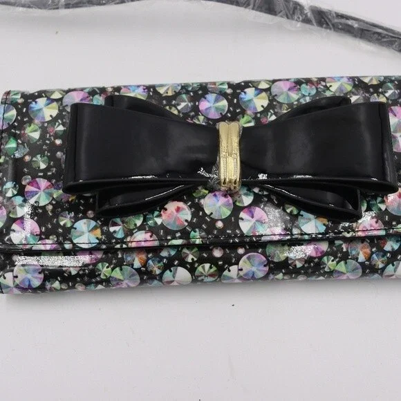 Betsey Johnson Rhinestone Print Mini Crossbody Envelope Bag Gold Chain Strap - Picture 3 of 8